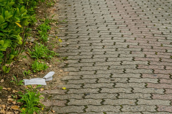 Two dirtied white medical face mask discarded in dirt next to sidewalk