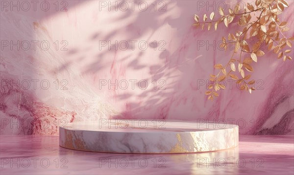 Pink marble podium with shadow of leaves and rose quartz texture background AI generated