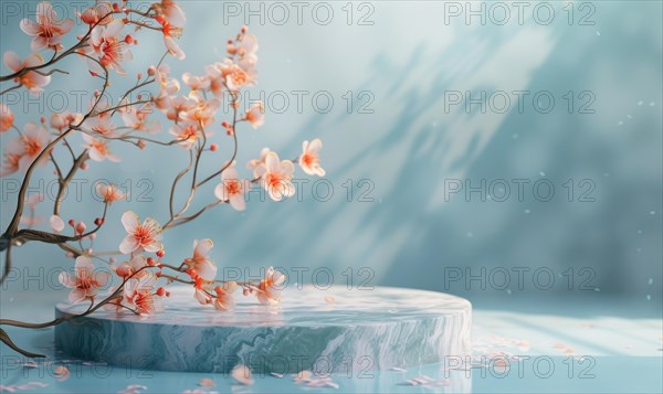 White marble podium with cherry blossom branch on blue background AI generated