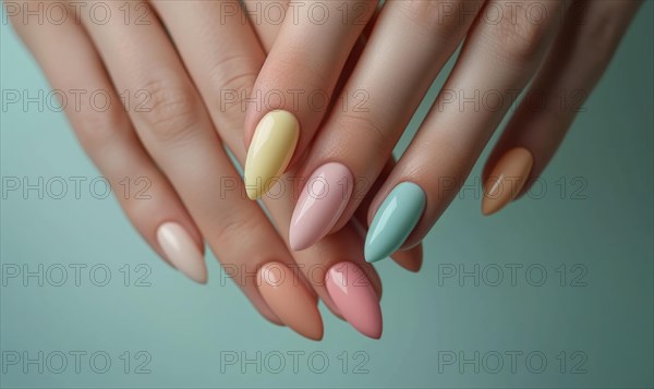 Female hands with pink and beige nail design. Nail polish manicure AI generated