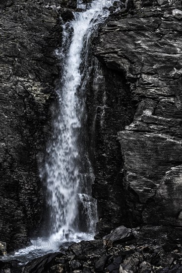 Waterfall in the mountains, environment, pure, clear, clean, nature, idyll, idyllic, flowing, ecology, ecological, puristic, mountain stream, slate, stone, structure, black, grey, monochrome, force of nature, Valais, Switzerland, Europe