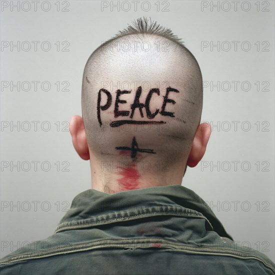 A young man has had the word Peace written on the back of his bare head, AI generated, AI generated, peace