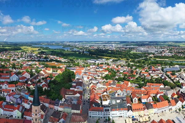 Aerial view of Dingolfing with a view of the historic town centre. Dingolfing, Lower Bavaria, Bavaria, Germany, Europe