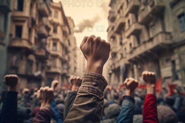 Close up of raised fists in riot or protest in street. KI generiert, generiert AI generated