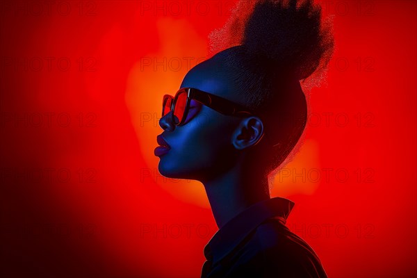 Intense neon light outlines the contours of a woman with trendy glasses, creating a dramatic atmosphere, AI generated, AI generated