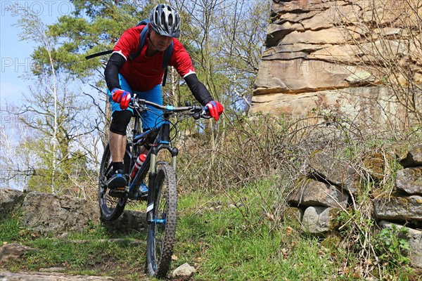 Mountain biker in difficult terrain in the Palatinate Forest near Wolfsburg