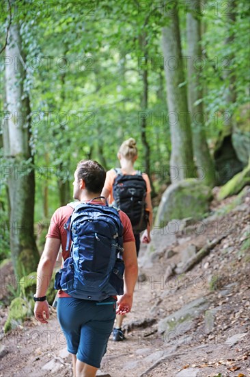 Symbolic image: Young couple hiking in the Palatinate Forest, here on the fifth stage of the Palatinate Wine Trail between Neustadt an der Weinstrasse and St. Martin