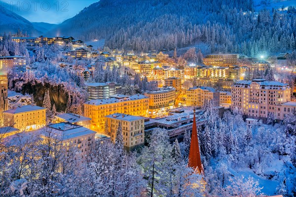 Deep snowy winter panorama of the village at dusk, Bad Gastein, Gastein Valley, Hohe Tauern National Park, Salzburg Province, Austria, Europe