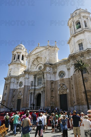 Crowd in front of the Cathedral of Cadiz, Cathedral of the Holy Cross over the sea, Semana Santa, Cadiz, Spain, Europe