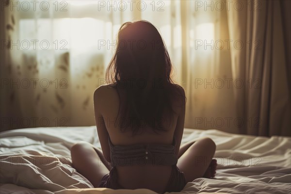 A teenager sits on a bed, back to the camera, in the warm light of the rising morning, symbolising depression and abuse, AI generated, AI generated