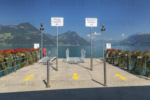 Ferry pier in Beckenried, Lake Lucerne, Canton Niewalden, Switzerland, Lake Lucerne, Niewalden, Switzerland, Europe