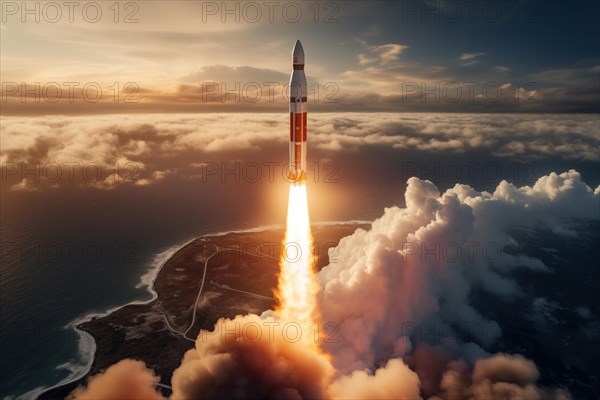 Aerial view of a rocket launch at sunrise sunset over an ocean coast. The rocket is blasting off with a trail of smoke and flames behind it, AI generated