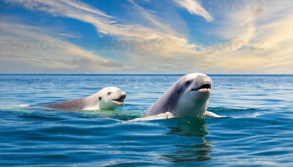 KI generated, animal, animals, mammal, mammals, biotope, habitat, two, female with young, foraging, wildlife, beluga, beluga (Delphinapterus leucas) dolphin, dolphin, pilot whale, Arctic, skin bluish-white, cream-coloured, later white, carnivore, dolphin species, dolphin species