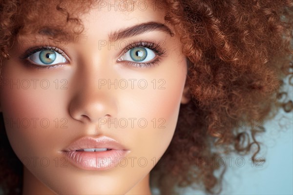 Close up of beautiful african american woman's face with light green eyes. KI generiert, generiert AI generated