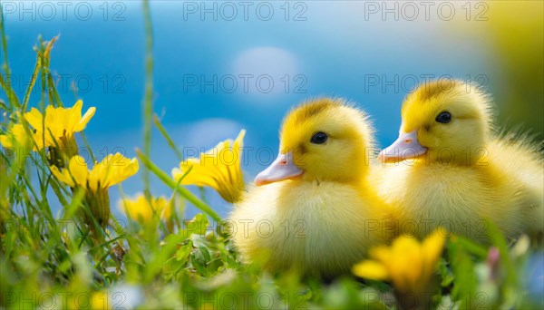 KI generated, animal, animals, bird, birds, biotope, habitat, one, single animal, foraging, wildlife, duck, ducks, domestic duck, female, (Anas platyrhynchos) white, white, yellow ducklings, young animals, animal children, two, three, four, white duck mother with yellow chicks, excursion, water, meadow, grass, spring, summer, flowers, pond, swimming, sitting, farm animal, domestic animal