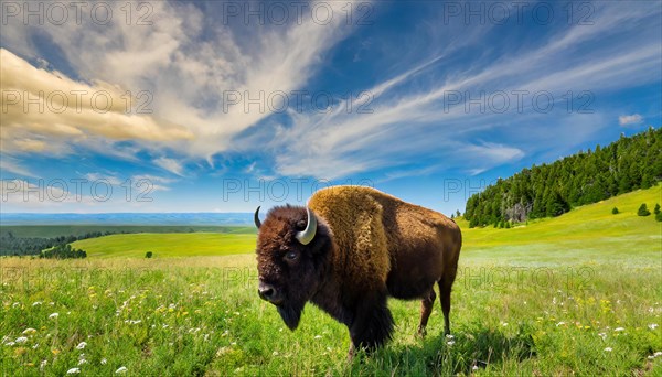 AI generated, animal, animals, mammal, mammals, biotope, habitat, one, individual, foraging, wildlife, bison, North America, Buffalo, wild cattle, (Bison bonasus), spring