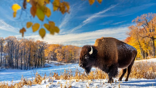 AI generated, animal, animals, mammal, mammals, biotope, habitat, one, individual, foraging, wildlife, bison, North America, Buffalo, wild cattle, (Bison bonasus), autumn, autumn leaves, early winter, snow