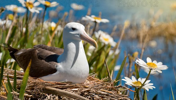 Ai generated, animal, animals, bird, birds, biotope, habitat, a, individual, swims, waters, reeds, water lilies, blue sky, foraging, wildlife, summer, seasons, albatross, (Diomedea exulans), wandering albatross, southern hemisphere, oceans, South Georgia, Falkland, tube-nosed, breeds, ground, nest