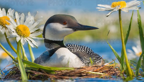 Ai generated, animal, animals, bird, birds, biotope, habitat, a, individual, swims, waters, breeds, nest, reeds, water lilies, blue sky, foraging, wildlife, summer, seasons, loon, (Gavia immer), tundra, Greenland, Iceland, Canada, loon, winters on the coasts of Europe, North America