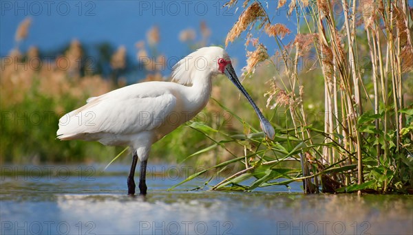 Ai generated, animal, animals, bird, birds, biotope, habitat, a, individual, swims, waters, reeds, water lilies, blue sky, foraging, wildlife, summer, seasons, spoonbill, (Platalea leucordia), spoonbill