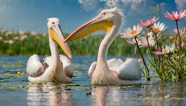 KI generated, animal, animals, bird, birds, biotope, habitat, two, swim, waters, reeds, water lilies, blue sky, foraging, wildlife, summer, seasons, dalmatian pelican (Pelecanus crispus)