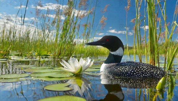 Ai generated, animal, animals, bird, birds, biotope, habitat, a, individual, swims, waters, breeds, nest, reeds, water lilies, blue sky, foraging, wildlife, summer, seasons, loon, (Gavia immer), tundra, Greenland, Iceland, Canada, loon, winters on the coasts of Europe, North America