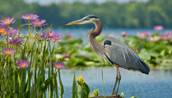 KI generated, animal, animals, bird, birds, biotope, habitat, one, individual, water, reed, winter, snow, blue sky, foraging, wildlife, seasons, heron, little blue heron (Egretta caerulea), Florida, Mexico, Central America