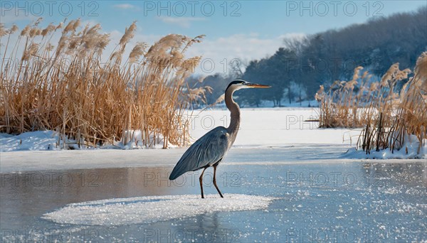 KI generated, animal, animals, bird, birds, biotope, habitat, one, individual, water, reed, winter, snow, blue sky, foraging, wildlife, seasons, heron, little blue heron (Egretta caerulea), Florida, Mexico, ice, Central America