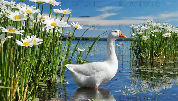 Ai generated, animal, animals, bird, birds, biotope, habitat, an, individual, swims, waters, reeds, water lilies, blue sky, foraging, wildlife, summer, seasons, domestic goose, geese, geese, geese birds, (Anser anser)