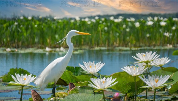 KI generated, animal, animals, bird, birds, biotope, habitat, a, individual, water, reeds, water lilies, blue sky, foraging, wildlife, summer, seasons, cattle egret (Bubulcus ibis)