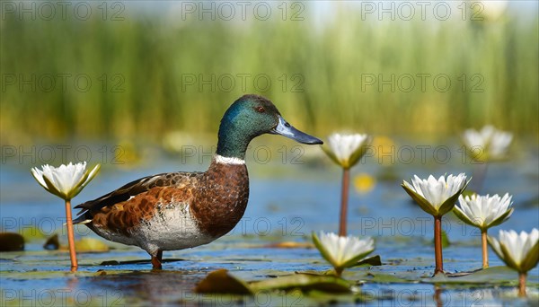 Ai generated, animal, animals, bird, birds, biotope, habitat, a, individual, swims, water, reeds, water lilies, blue sky, foraging, wildlife, summer, seasons, northern shoveler (Spatula clypeata), male, drake