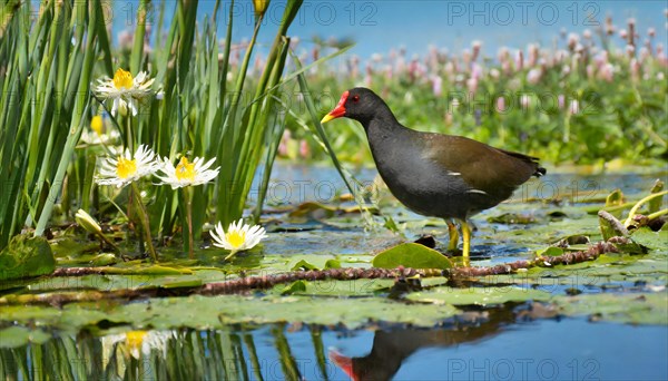 Ai generated, animal, animals, bird, birds, biotope, habitat, a, individual, swims, water, reeds, water lilies, blue sky, foraging, wildlife, summer, seasons, moorhen, moorhen rail, (Gallinula chloropos)