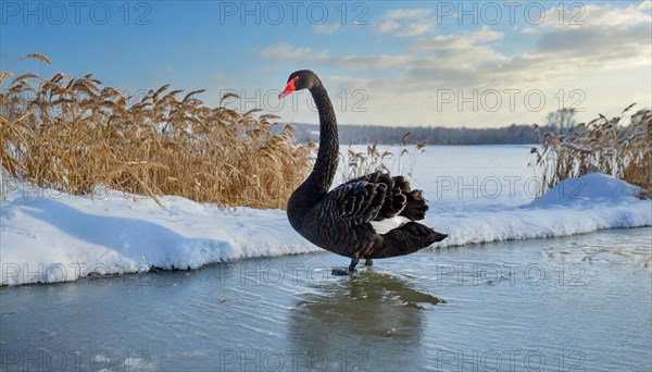 KI generated, animal, animals, bird, birds, biotope, habitat, one, individual, water, reed, blue sky, foraging, wildlife, summer, seasons, black swan (Cygnus atratus), Black Swan, snow, ice, winter