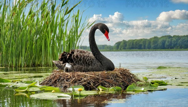 KI generated, animal, animals, bird, birds, biotope, habitat, one, individual, water, reed, blue sky, foraging, wildlife, summer, seasons, black swan (Cygnus atratus), Black Swan, snow, ice, winter