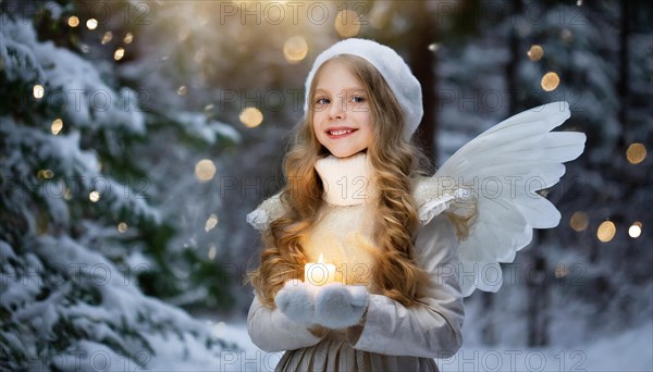 AI generated, girl, angel, winter, snow, ice, firs, snowy, snowflakes, winter landscape, costume, clothes, angel costume, candle, candles, light, lights, beautiful teeth, smiles, friendly, Christmas, evening, night shot, winter forest, church, one person, 8-12 years, burning candle