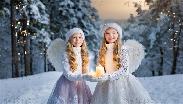 AI generated, girl, angel, winter, snow, ice, firs, snowy, snowflakes, winter landscape, costume, clothes, angel costume, candle, candles, light, lights, beautiful teeth, smiles, friendly, Christmas, evening, night shot, winter forest, church, one person, 8-12 years, burning candle