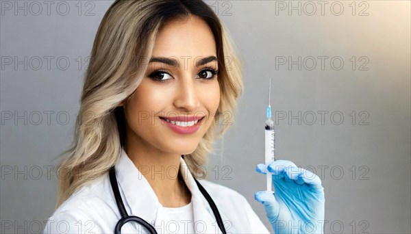 AI generated, RF, woman, woman, doctor, female doctor, 25, 30, years, attractive, attractive, doctor's office, holds a syringe in her hand, disposable syringe, flu shot, corona, pneumococcal, prevention, health, blonde, blonde, beautiful teeth, long hair