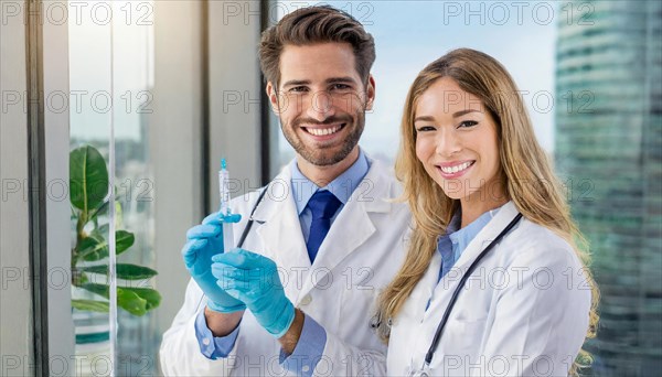 Ai generated, RF, woman, woman, man, men, doctor, female doctor, two, 30-35, years, attractive, attractive, doctor's office, holds a syringe in her hand, disposable syringe, flu shot, corona, pneumococcal, prevention, health, blond, blonde, blonde, beautiful teeth, long hair, two people