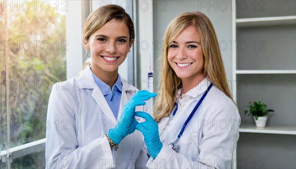 Ai generated, RF, woman, woman, man, men, doctor, female doctor, two, 30-35, years, attractive, attractive, doctor's office, holds a syringe in her hand, disposable syringe, flu shot, corona, pneumococcal, prevention, health, blond, blonde, blonde, beautiful teeth, long hair, two people