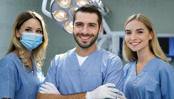 AI generated, RF, woman, woman, man, doctor, doctor team, team, 30, years, attractive, attractive, doctor's office, operating theatre, operating room, examination, prevention, health, blond, blonde, blonde, beautiful teeth, long hair, beard bearer, three people, two. woman, one doctor, AI generated
