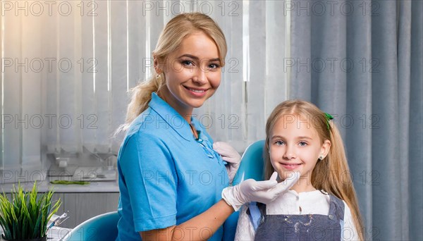 AI generated, dentist treats a little girl, dentist, blonde, 30, 35, years, dental treatment, follow-up, AI generated