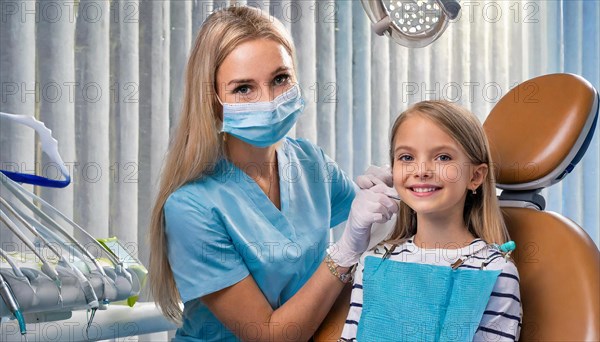 AI generated, dentist treats a little girl, dentist, blonde, 30, 35, years, dental treatment, follow-up, AI generated