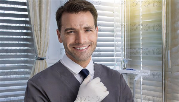 A friendly dentist in his practice, 35, portrait, attractive, attractive, friendly, friendly, profession, professions, AI generated