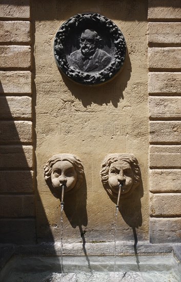 Fontaine des Bagnier, the Medallion, a portrait by Paul Cezanne, after a drawing by Auguste Renoir, Aix en Provence, Bouches-du-Rhone, Provence, France, Europe