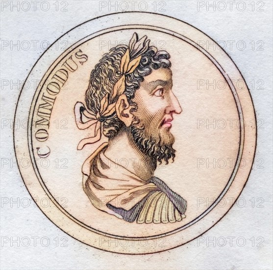 Commodus Lucius Aurelius Commodus Antoninus 161, 192 AD Roman Emperor from the book Crabbs Historical Dictionary from 1825, Historical, digitally restored reproduction from a 19th century original, Record date not stated