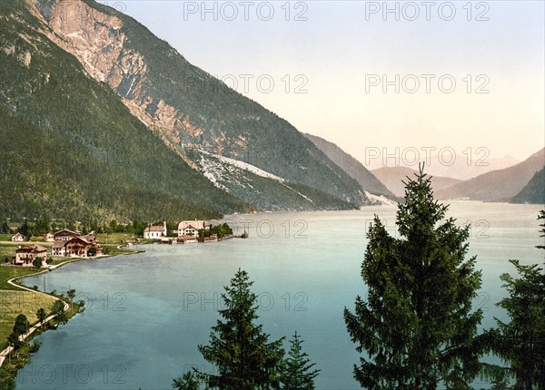 Lake Achensee, Pertisau, Tyrol, formerly Austro-Hungary, today Austria, c. 1890, Historic, digitally restored reproduction from a 19th century original The lake Achensee, Tyrol, former Austro-Hungary, today Austria, 1890, Historic, digitally restored reproduction from a 19th century original