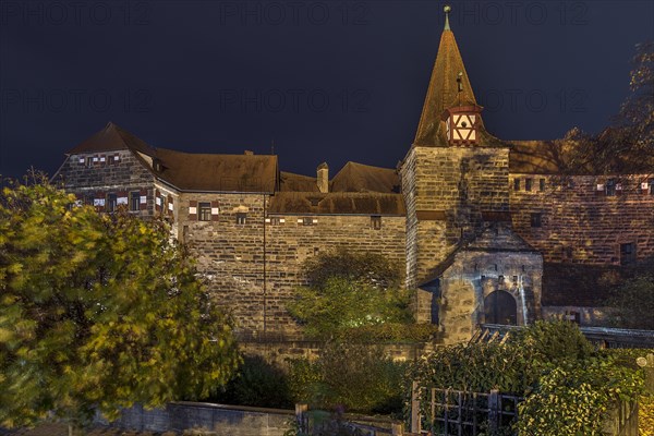 Wenzelburg or Laufer Kaiserburg, illuminated at night, rebuilt by Emperor Charles IV in 1556, Schlossinsel 1, Lauf an der Pegnitz, Middle Franconia, Bavaria, Germany, Europe