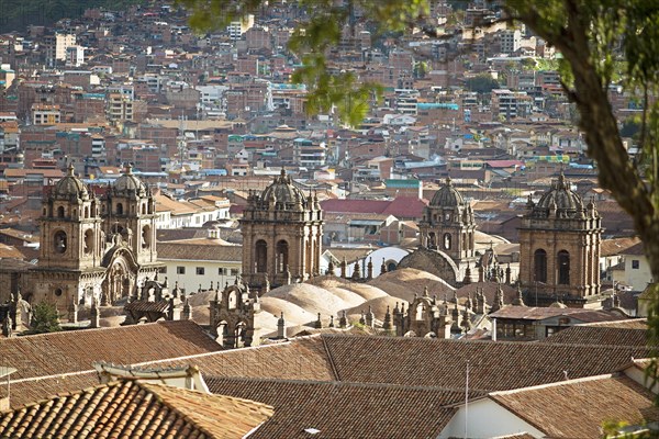 City view Cusco, in front the Cathedral of Cusco or the Cathedral Basilica of the Assumption of the Virgin Mary, on the left the Iglesia de la Compania de Jesus or Church of the Society of Jesus, Cusco, Province of Cusco, Peru, South America