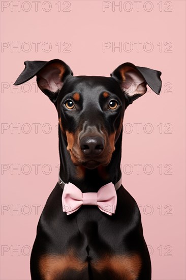 Doberman dog with bowtie on pink background. KI generiert, generiert AI generated