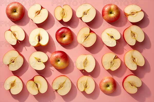 Top view of whole and halved apple fruits. KI generiert, generiert AI generated